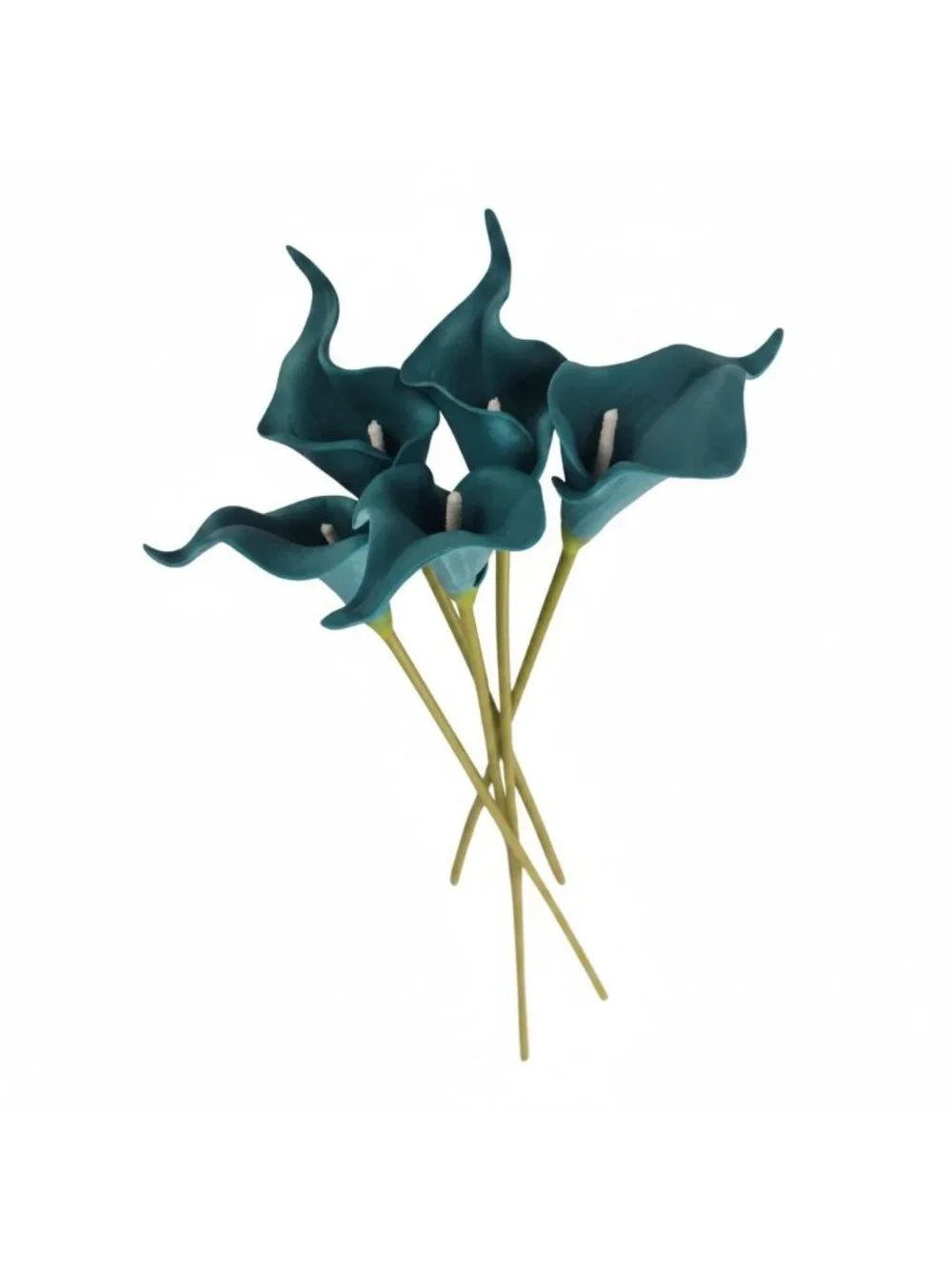 Teal Calla Lily Stems Faux Floral Bouquet Peacock Blue Flowers 5 Stem Bunch Mode